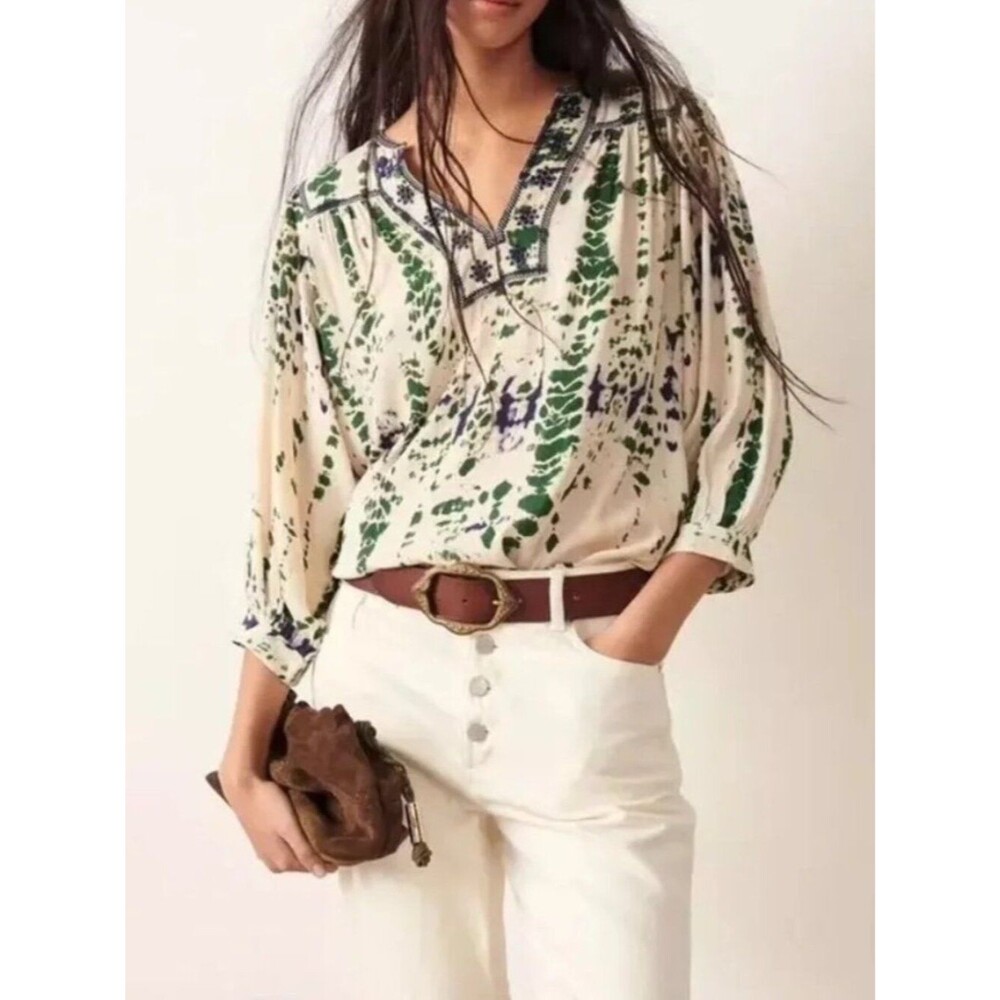 Ba&sh XS Idris Tie Dye Puff Sleeve Blouse Peasant Top Embroidered Boho Bohemian
